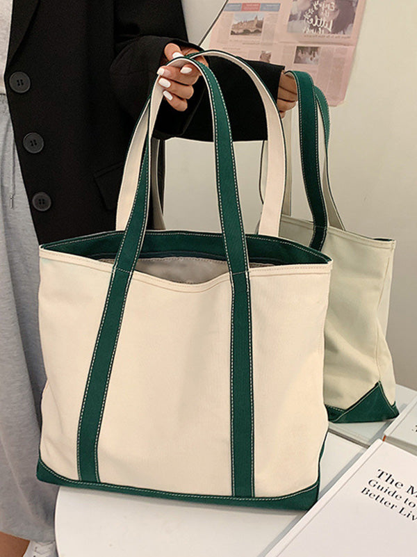 Simple Split-Joint Canvas Shoulder Bag Tote Bag
