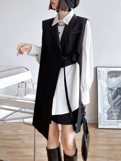 Cool Irregular Solid Color Split-Joint With Pocket Tied Notched Collar Sleeveless Vest Outwear