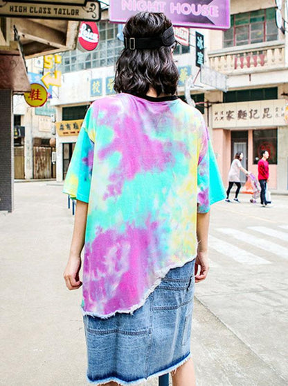 Loose Denim Fringed Split-joint Printed T-Shirt Dress