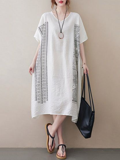 National Printed Batwing Sleeves Round-Neck Loose Midi Dress