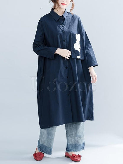 Navy-blue Loose Lapel Cat Print Blouse Dress