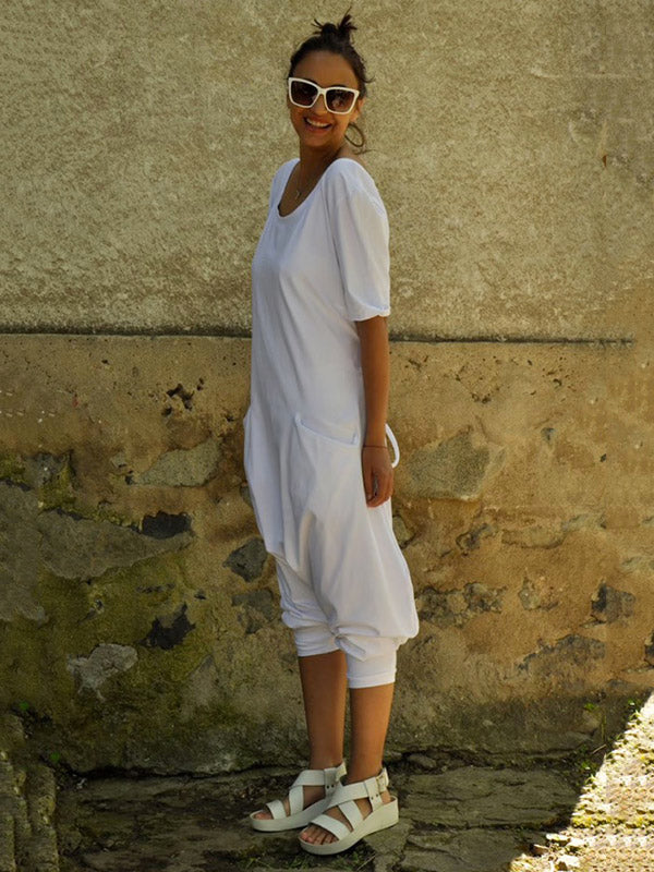 Casual Solid Color Split-Joint With Pocket Round-Neck Half Sleeves Wide Legs Jumpsuit