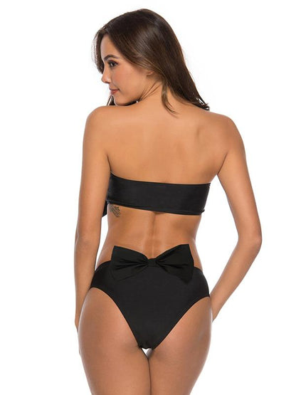 Strapless Bow-embellished Plain Bikini Set