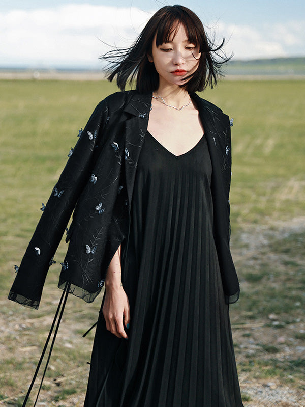 Stylish Mesh Butterfly Embroidered Notched Collar Long Sleeves Outwear