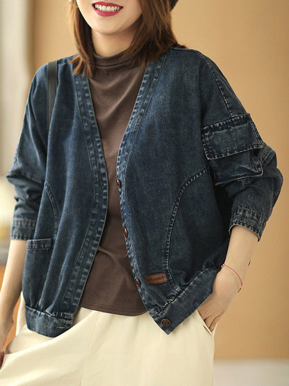 Casual Asymmetric V-Neck Buttoned Batwing Sleeve Jean Outerwear