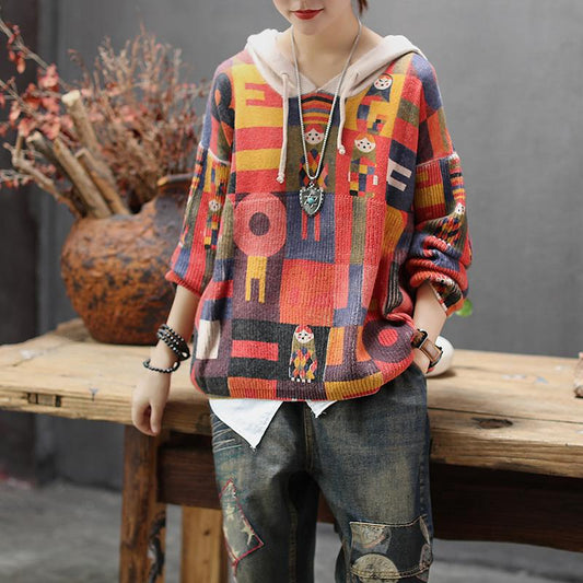 Buykud Retro Pullover Printed Loose Knitted Hoodie