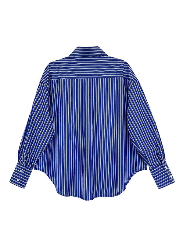 Chic Simple Striped Buttoned Split-Joint With Pocket Lapel Collar Long Sleeves Blouse