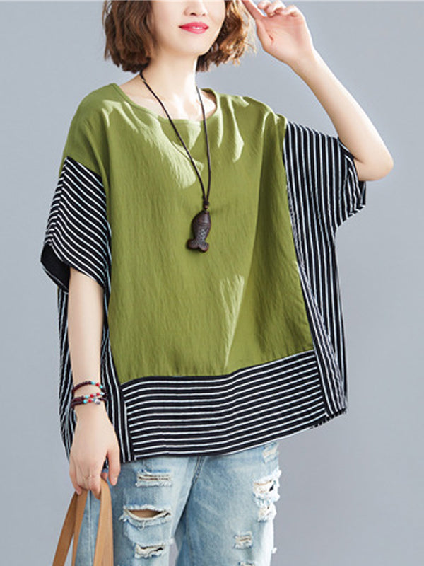 Vintage Ramie Cotton Striped Split-Joint Batwing Sleeves Round-Neck T-Shirt