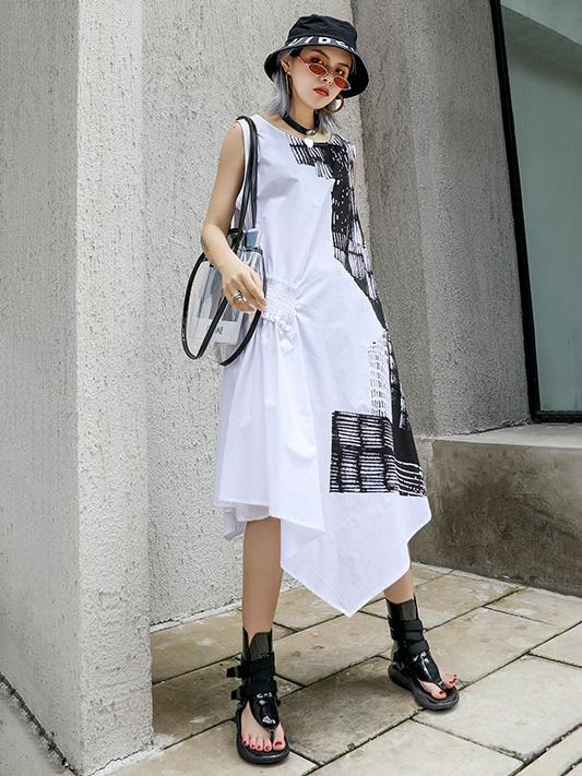 Asymmetric Printed Ruffled Sleeveless Dress