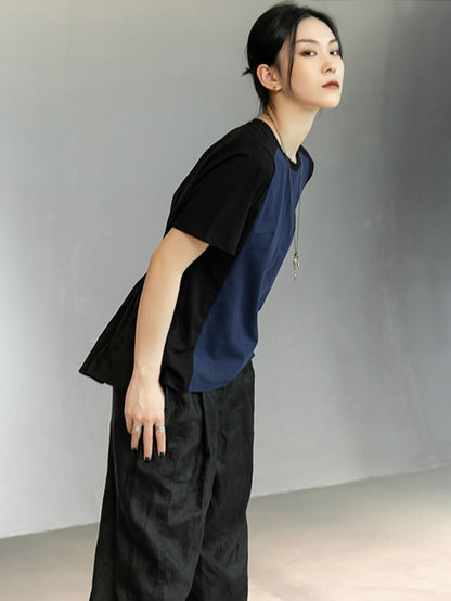 Stylish Split-Joint Black&Blue Back-Pleats Short Sleeves T-Shirt