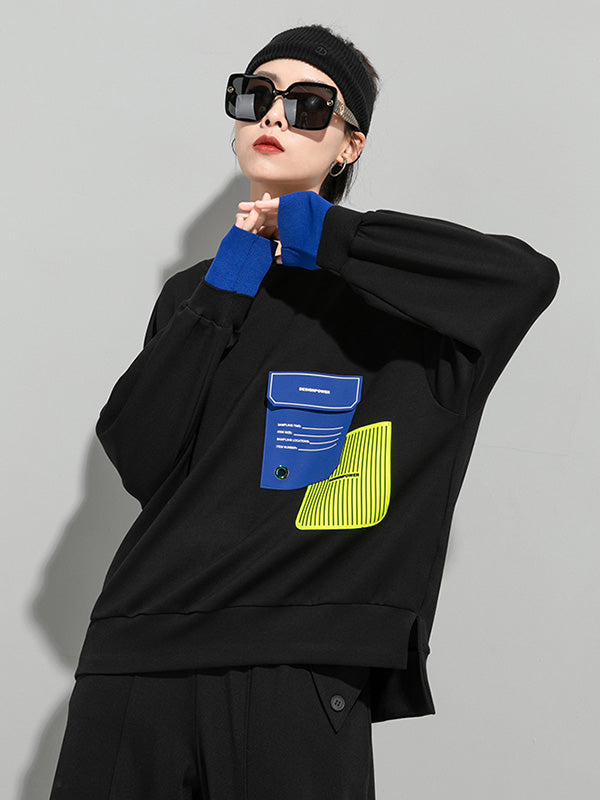 Casual Cool Contrast Color Split-Joint Letter Printed Round-Neck Long Sleeves Sweatshirts