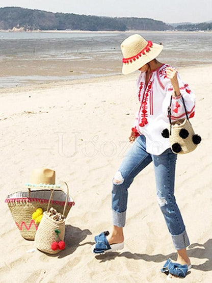 Cherry FurBall Pendant Straw Weaving Tote Bag