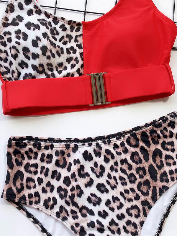Stitching Leopard Empire Bikini Swimsuit
