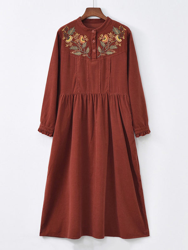 Vintage A-Line Loose Embroidered Stand Collar Midi Dresses