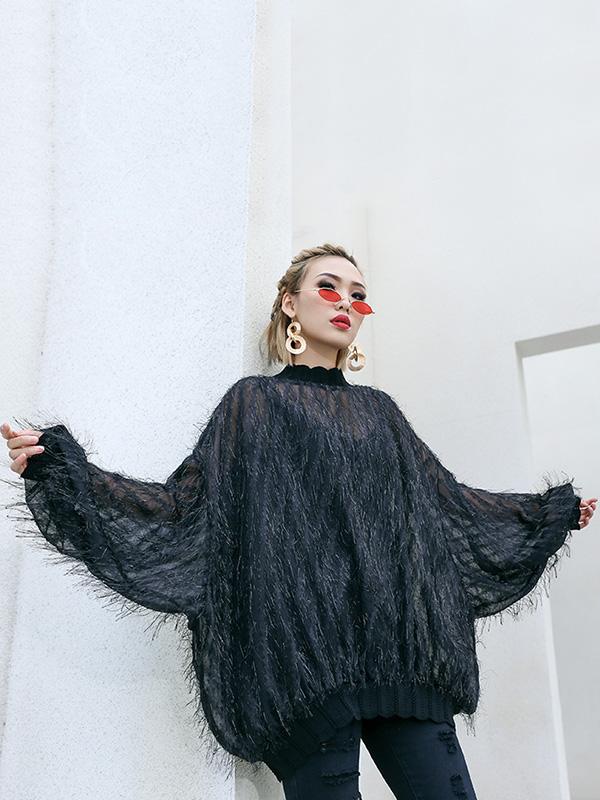 Fuzzy Tasseled See-through Batwing Sleeves Shirt Top