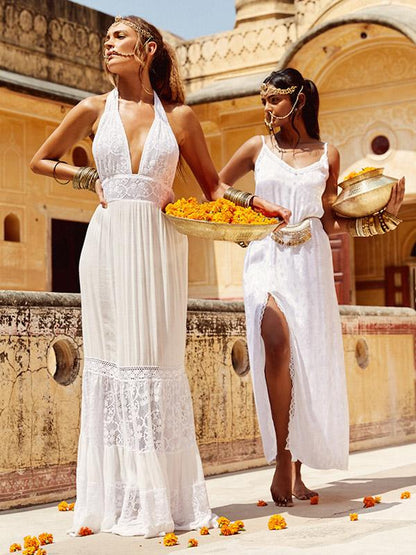 Deep V-neck Backless Lacy Split-joint Maxi Dress
