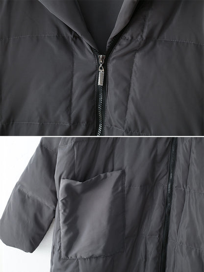 Simple White Duck Down Over Knee Solid Color Zipper Hooded Down Wear Coat