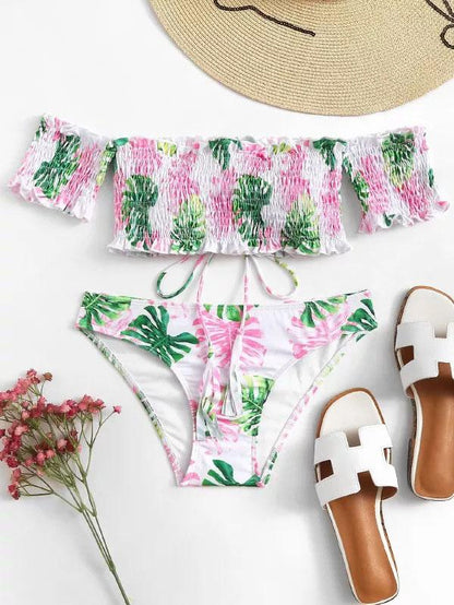 Sexy Drape Printed Short Sleeve Bikini Set