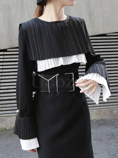 Retro Split-side Ruffled Pleated Long Dress