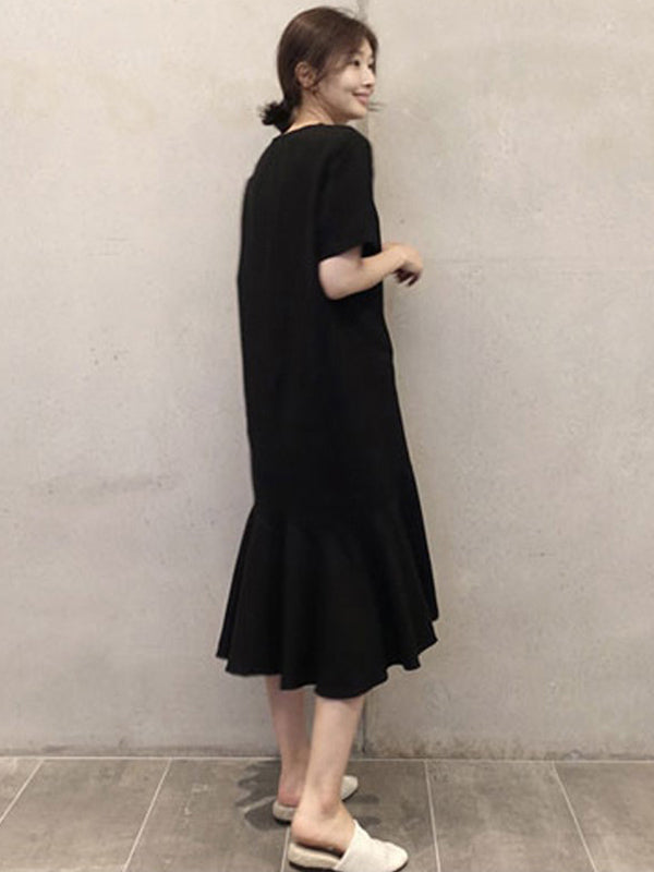Original Solid Color Short Sleeve Falbala Midi Dress