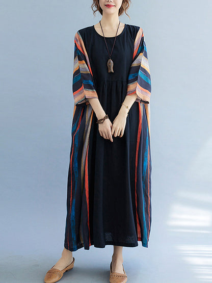 Vintage Split-Joint Round-Neck Loose Batwing Sleeve Midi Dress