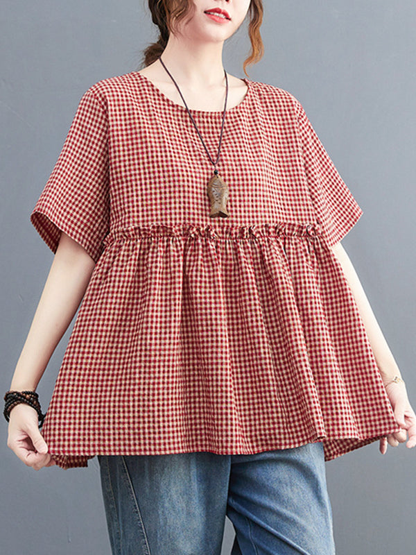 Artistic Retro Loose Plaid Ramie Cotton Falbala T-Shirt Top