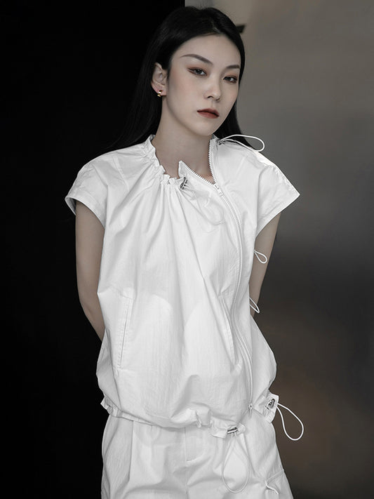 Stylish Black&White Drawstring Pleated Zipper Cap Sleeve Shirts