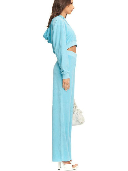 Solid Bare Midriff Hoodie&Pants Sports Suits