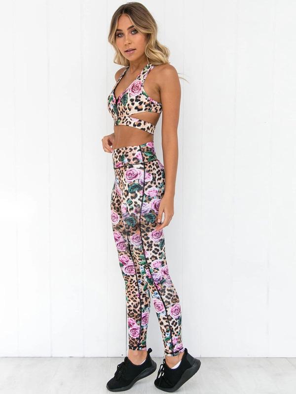 Zipper Leopard Floral Tank&Leggings Suits