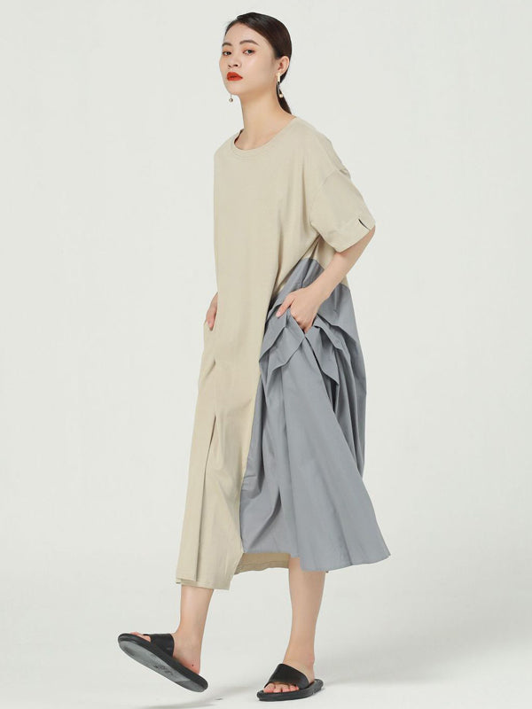 Stylish Asymmetric Split-Joint Round-Neck Loose Short Sleeves Midi Dress