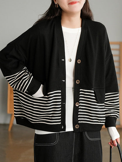 Casual Striped Buttoned V-Neck Batwing Sleeve Outerwear