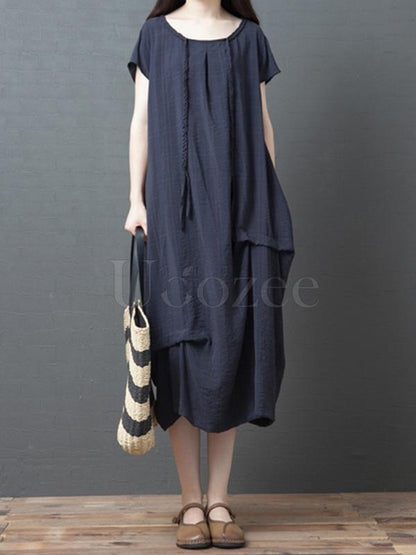 Casual Solid Ruffled Round-neck Midi Dress