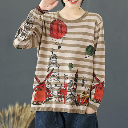 Buykud Stripes Cartoon Pullover Casual Knitted Shirt