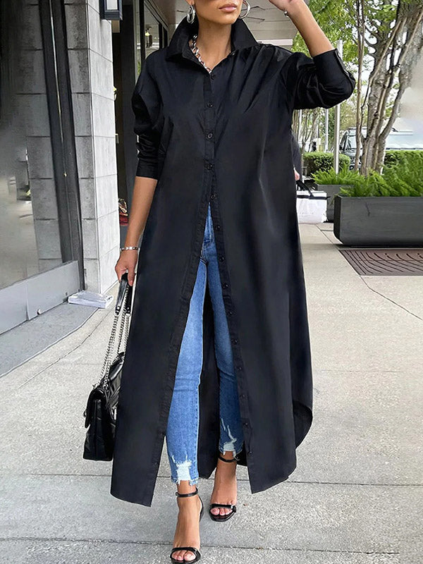 Simple Loose Solid Color Long Sleeves Maxi Dress Shirt Dress