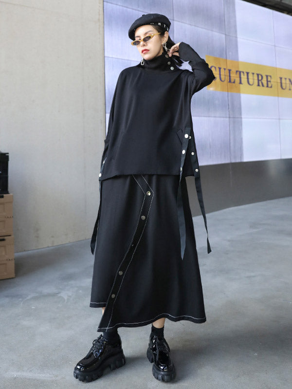 Stylish Selection Long Sleeves Buttoned Split-Side High-Neck Sweatshirt Tops