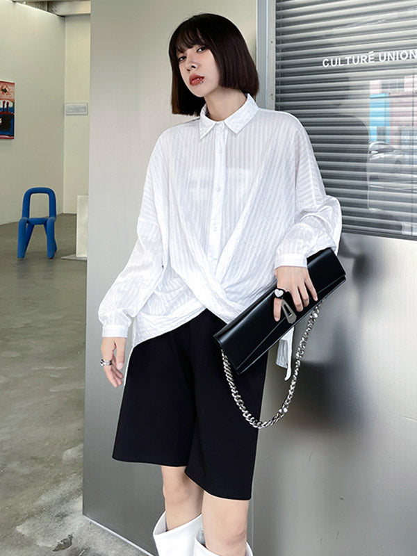 Casual Irregular Solid Color Buttoned Lapel Collar Long Sleeves Blouse