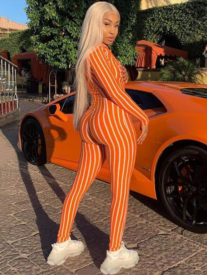 V-neck Striped Sports Jumpsuits