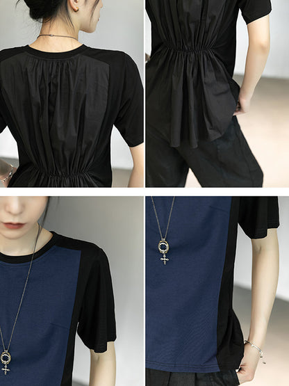 Stylish Split-Joint Black&Blue Back-Pleats Short Sleeves T-Shirt