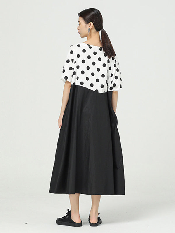 Original Split-Joint Polka-Dot Contrast Color Round-Neck Short Sleeves Midi Dress