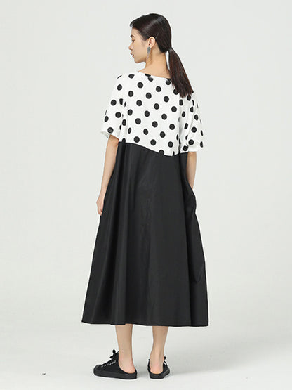 Original Split-Joint Polka-Dot Contrast Color Round-Neck Short Sleeves Midi Dress