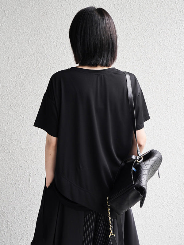 Original Black&White Asymmetric Round-Neck Short Sleeves T-Shirts