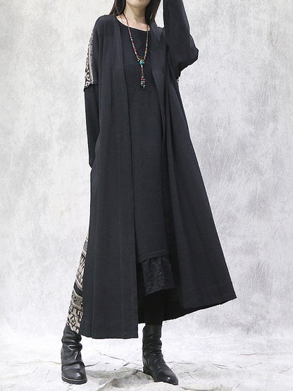 Artistic Retro Bohemia National Printed Split-Joint With Pocket Long Sleeves Cardigan Outwear