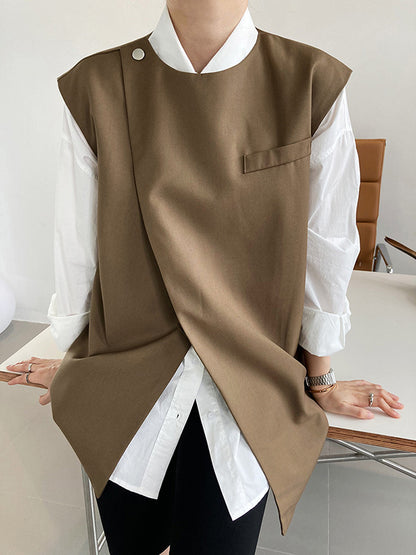 Simple Chic Solid Color Split-Joint With Pocket Round-Neck Sleeveless Vest Outwear