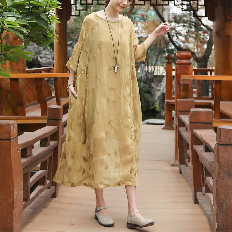 Embroidery Round Neck Half Sleeve Casual Yellow Dress