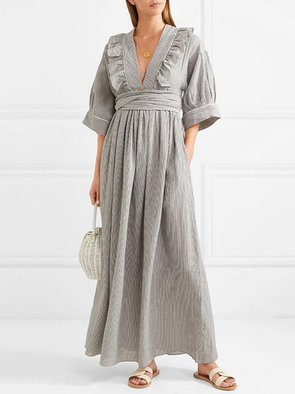 Pinstripe V-neck Half Sleeves Maxi Dress