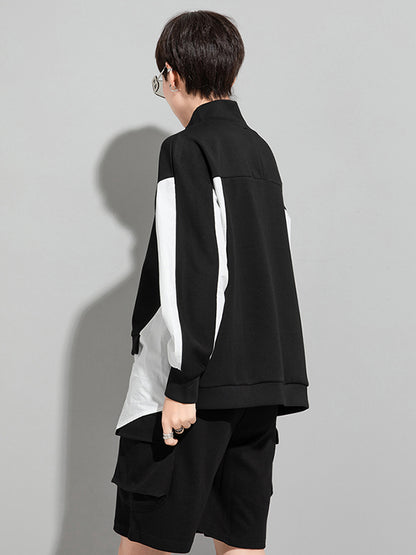 Stylish Split-Joint False Two Long Sleeves Zipper Stand Collar T-Shirt