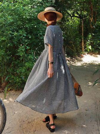 Ramie Cotton Plus Size Plaid Fresh Midi Dresses