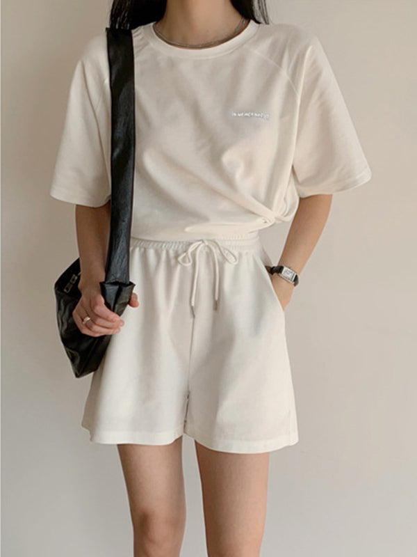 Casual Drawstring Elasticity Waist Solid Wide-Leg Shorts