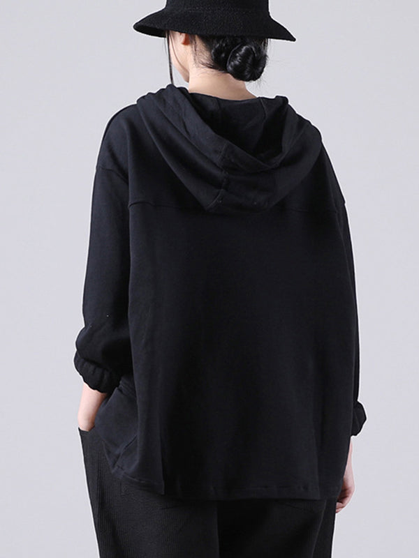 Casual Solid Color Buttoned Batwing Sleeve Hoodies