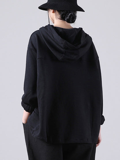 Casual Solid Color Buttoned Batwing Sleeve Hoodies